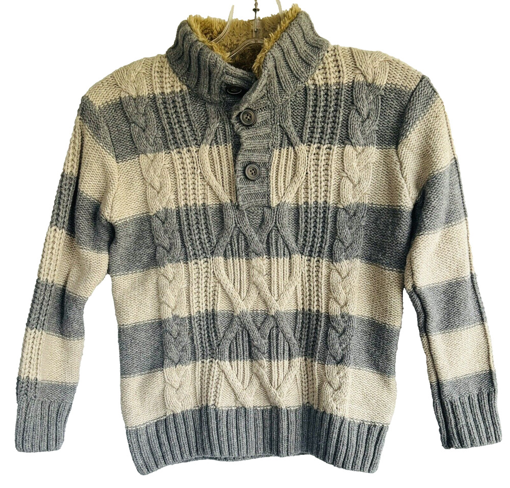 Gap Kids Cable Knit Mock Neck Sherpa Trim Sweater Gray Striped Buttons Sz S 6-7